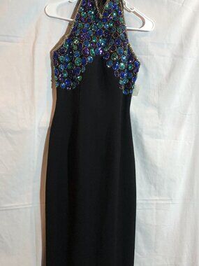 Alyce Designs Sz 6 Black Sleeveless Sequin Dress Gown 17" Pit to Pit